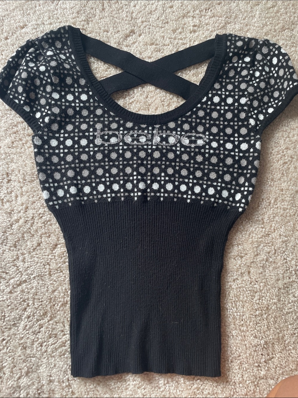 bebe Black and White Patterned Knit Crisscross Back Top